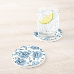 Dessous De Verre En Grès Roses Bleues Fleurs Botaniques Aquarelle Floral