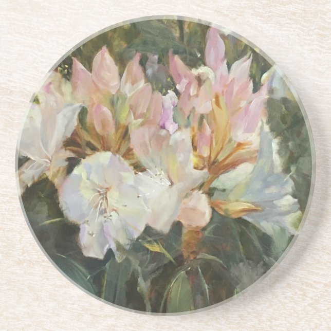 Dessous De Verre En Grès Roses et blancs Rhododendrons Roses et Bleus vert  (Devant)