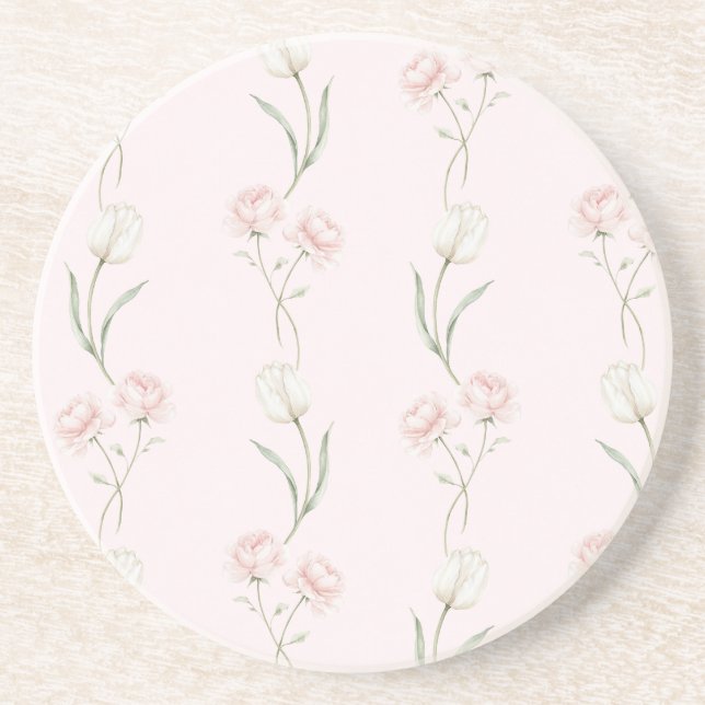 Dessous De Verre En Grès Roses Rose Pâle Tulipes Blanches   (Devant)