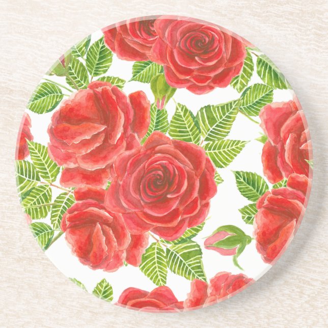 Dessous De Verre En Grès Roses rouges aquarelle transparente motif (Devant)