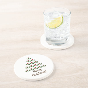 Dessous De Verre En Grès Roses rouges et arbre de Noël vert Holly Noël
