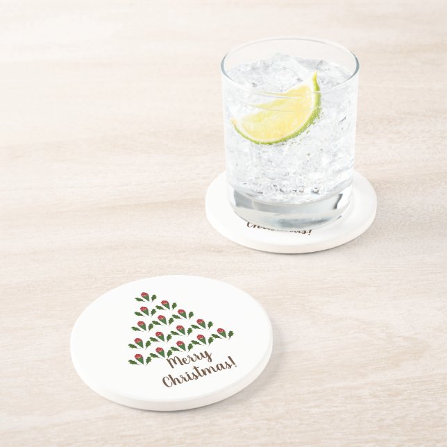 Dessous De Verre En Grès Roses rouges et arbre de Noël vert Holly Noël (Côté)