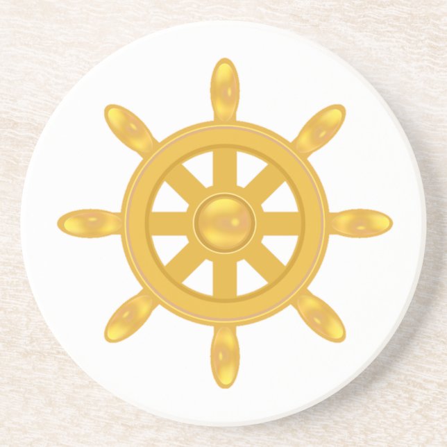 Dessous De Verre En Grès Roue de bateau doré sur blanc (Devant)