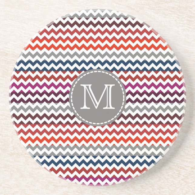 Dessous De Verre En Grès Rouge blanc gris Chevron Zigzag Monogramme (Devant)
