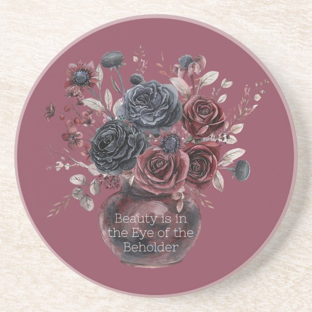 Dessous De Verre En Grès Rouge Bourgogne Fleurs Noires Beauté Est (Devant)