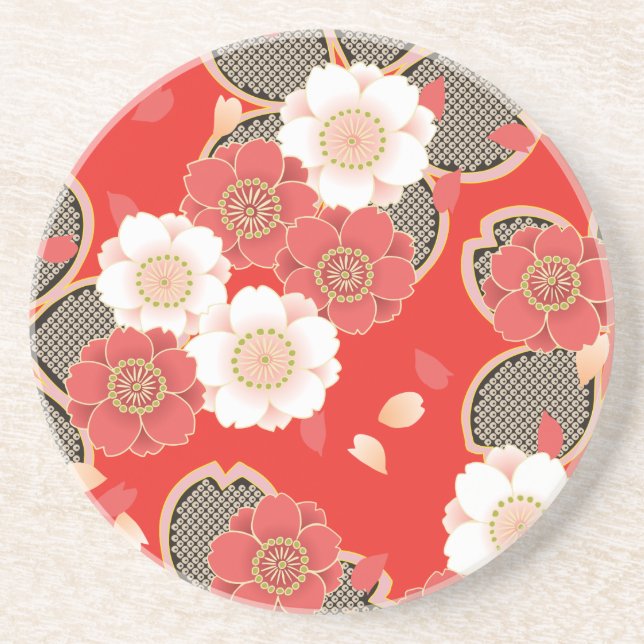 Dessous De Verre En Grès Rouge et blanc Sakura Japonais Kimono (Devant)