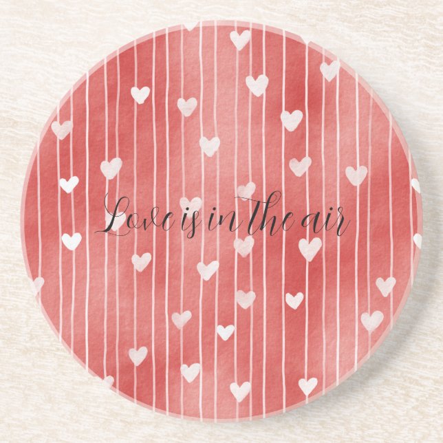 Dessous De Verre En Grès Rouge romantique rayures blanches cœurs amour (Devant)