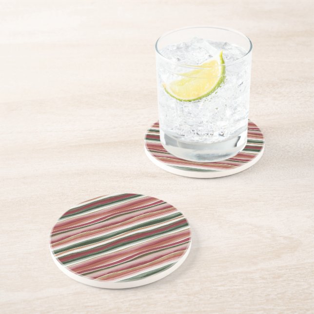 Dessous De Verre En Grès Rouge Vert Rosé Blanc Or Rayures (Côté)