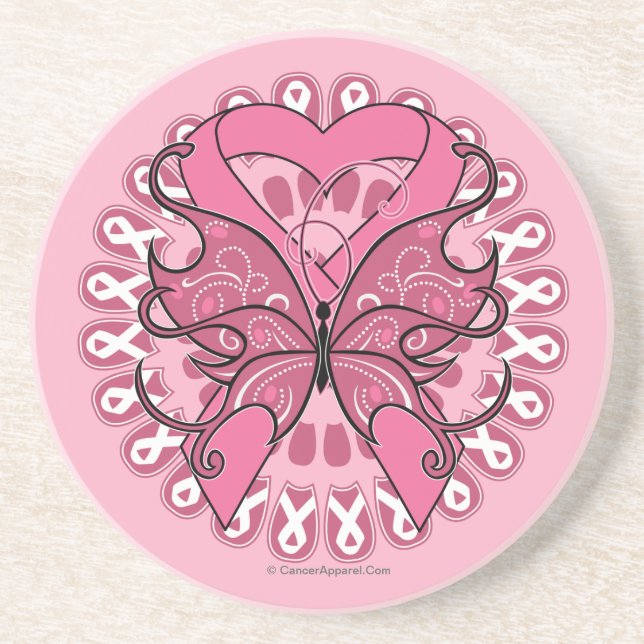 Dessous De Verre En Grès Ruban cardiaque papillon - Cancer du sein (Devant)