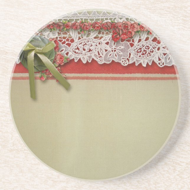 Dessous De Verre En Grès Rubans Antique Rose Lace Rustique Rouge Victorien  (Devant)