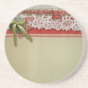 Dessous De Verre En Grès Rubans Antique Rose Rustique Rouge Victorien Toile