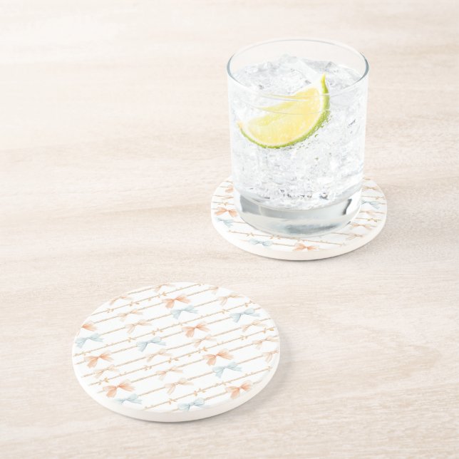 Dessous De Verre En Grès Rubans Bleus Crème Pêche (Côté)