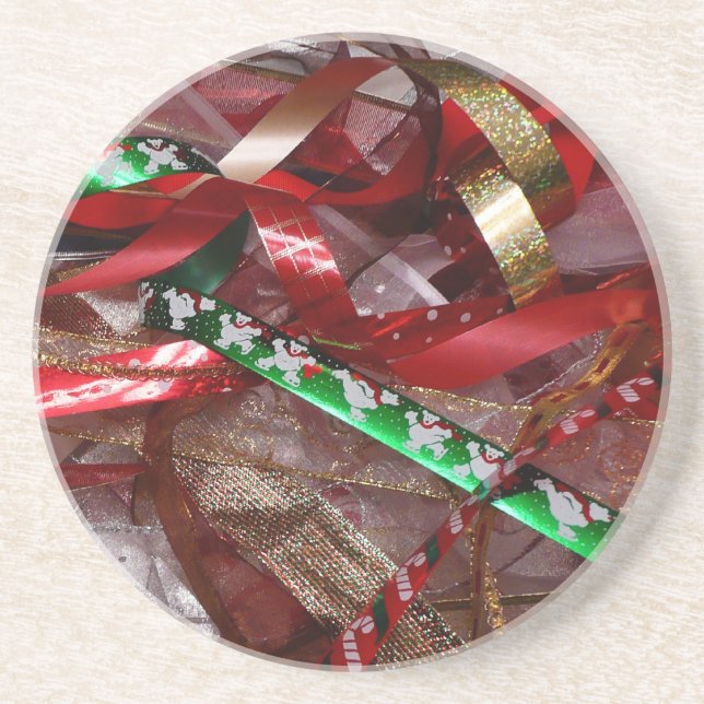 Dessous De Verre En Grès Rubans de Noël Rouge Vert et Or Vacances (Devant)