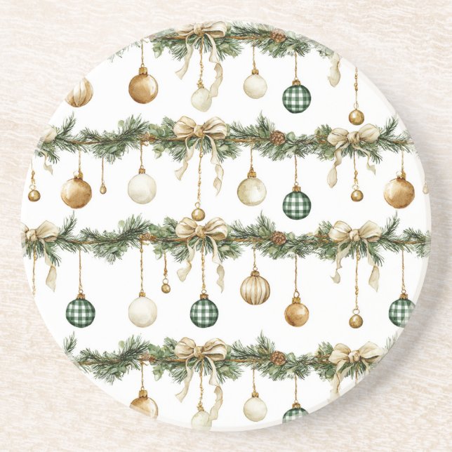 Dessous De Verre En Grès Rubans Marron Rustique Crème Vert Noël   (Devant)