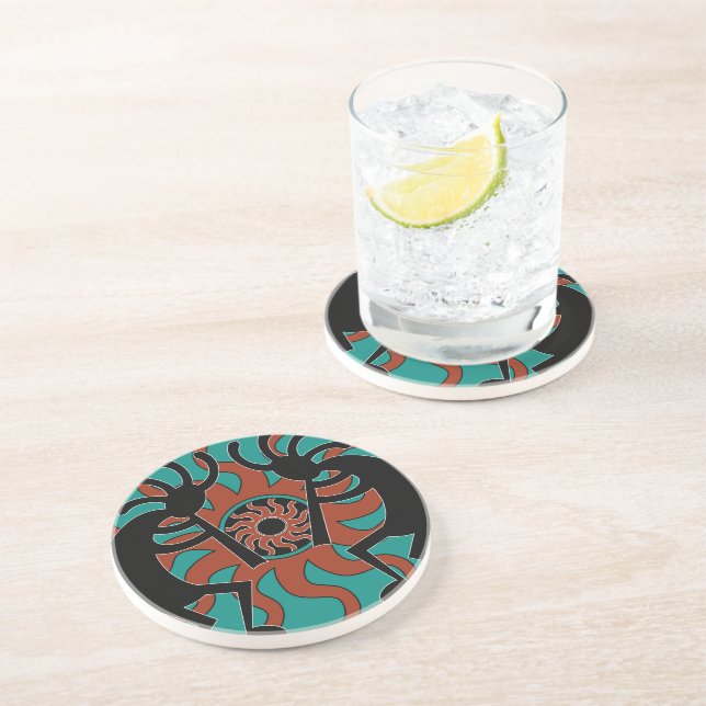 Dessous De Verre En Grès Rustique Sud-Ouest Kokopelli Turquoise (Côté)