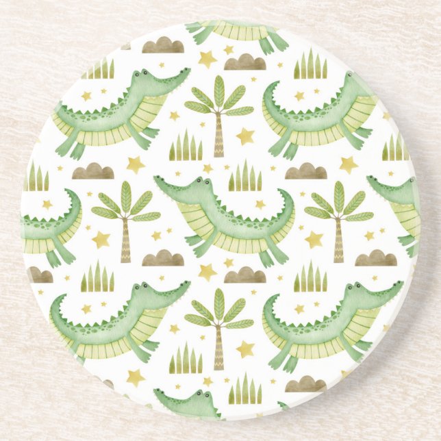 Dessous De Verre En Grès Safari africain : Crocodile et palmiers aquarelles (Devant)