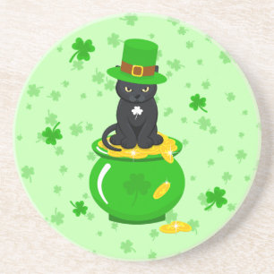 Dessous De Verre En Grès Saint Patrick's Day Shamrock Pot of Gold Black Cat