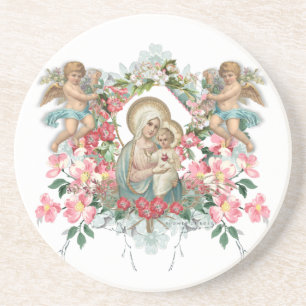 Dessous De Verre En Grès Sainte Vierge Marie Bébé Jésus Floral