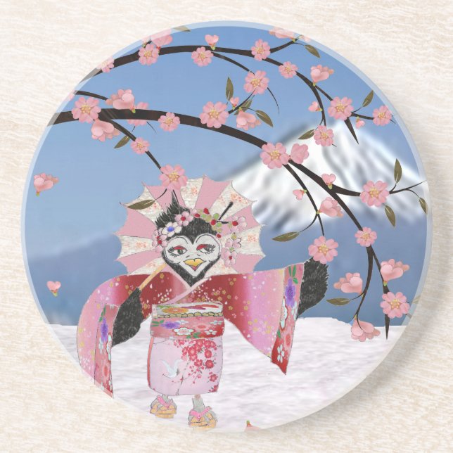 Dessous De Verre En Grès Sakura Geisha Bird dans les fleurs de cerisiers de (Devant)