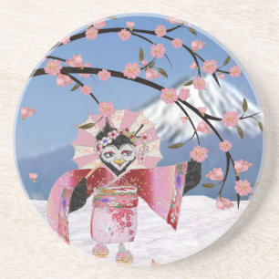 Dessous De Verre En Grès Sakura Geisha Oiseau dans les Cerisiers en Fleur s
