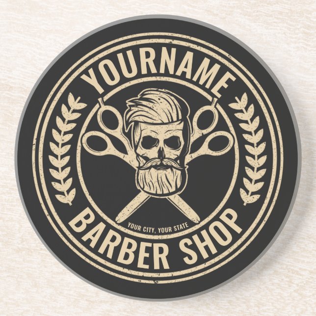 Dessous De Verre En Grès Salon de coiffure personnalisé Skull Rockabilly (Devant)