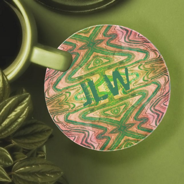 Dessous De Verre En Grès Sandstone Boho rose et vert avec initiales (Créateur téléchargé)