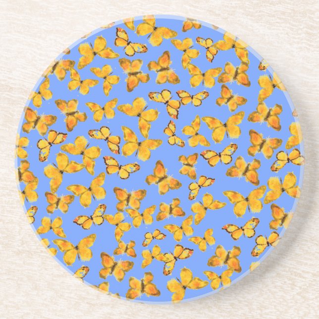 Dessous De Verre En Grès Sandstone Coaster, Golden Butterflies on Blue (Devant)