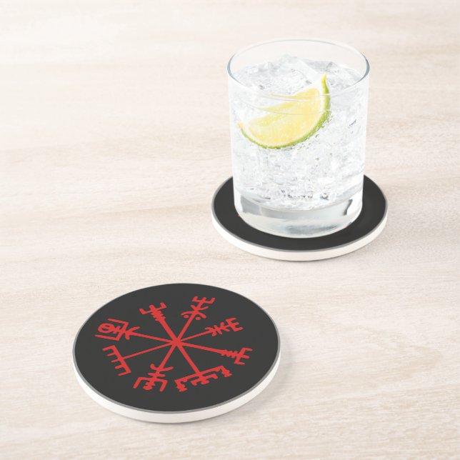 Dessous De Verre En Grès Sang Rouge Vegvísir (Viking Compass) (Côté)