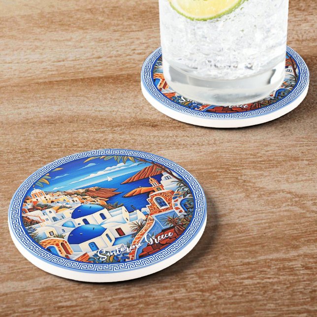 Dessous De Verre En Grès Santorin Grèce Island Peinture de la mer | Art du  (Santorini Greece Island Sea Painting | Travel Art Coaster)
