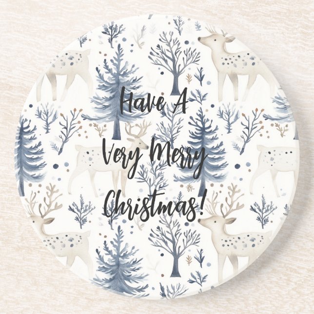 Dessous De Verre En Grès Sapins de Noël bleus Cerfs blancs (Devant)