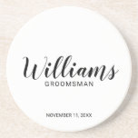 Dessous De Verre En Grès Scénario moderne - Groomsman personnalisé<br><div class="desc">Script moderne Dessous de verre Groomsman personnalisé avec le nom de toiletteur personnalisé en calligraphie moderne style de police avec titre et date mariage dans le style de police sans serif moderne. Parfait aussi pour le meilleur homme,  père de la mariée,  demoiselle d'honneur et plus encore.</div>