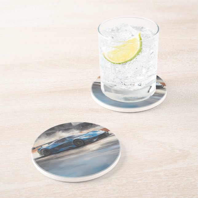 Dessous De Verre En Grès Scène dynamique de course urbaine bleue (Côté)