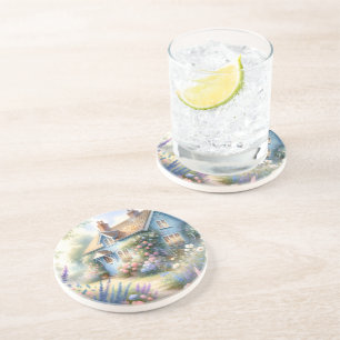 Dessous De Verre En Grès Scène florale de maison bleue de jardin de cottage