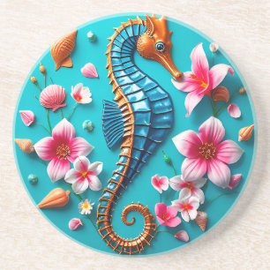 Dessous De Verre En Grès Scène vibrante de hippocampe et de récif corallien