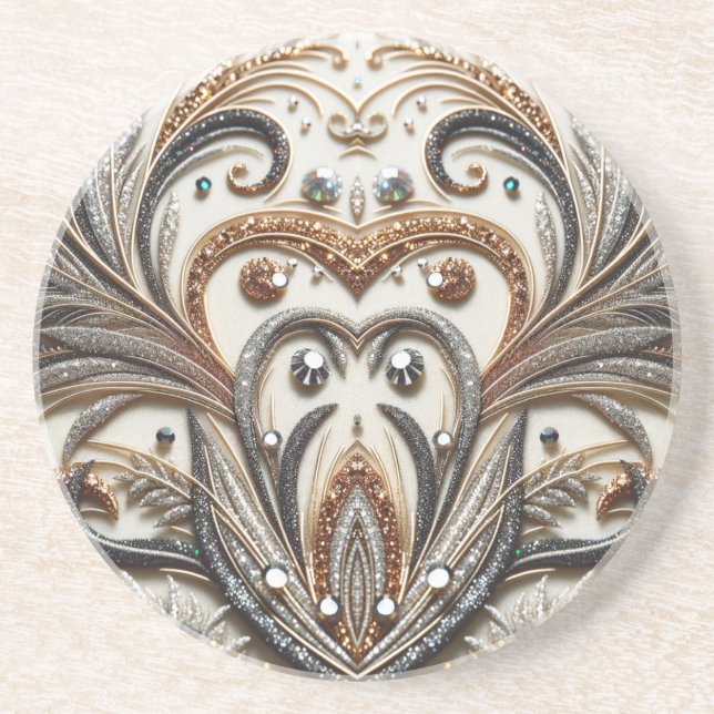 Dessous De Verre En Grès Schéma floral brillant avec pierre de gemme (Devant)