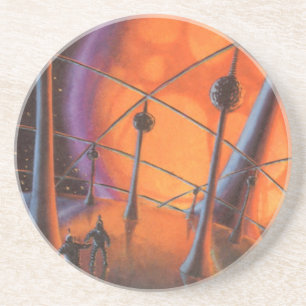 Dessous De Verre En Grès Science-fiction vintage, Orange Sun et Aliens