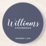 Dessous De Verre En Grès Script Moderne Bleu Marine Personnalisé Garçon d'H<br><div class="desc">Script Moderne Bleu Marine Personnalisé Dessous de Verre pour Garçon d'Honneur avec le nom personnalisé du garçon d'honneur dans un style de police de calligraphie moderne avec titre et date de mariage dans un style de police sans empattement moderne sur fond bleu marine. Aussi parfait pour le père de la...</div>