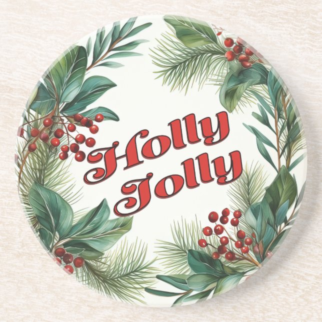 Dessous De Verre En Grès Script traditionnel de Noël "Holly Jolly" (Devant)