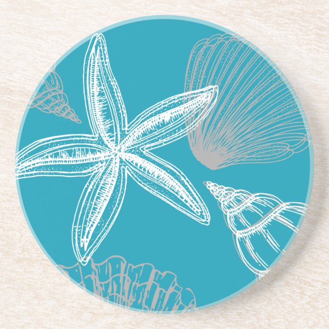 Dessous De Verre En Grès Seashell Beach House Aqua Blue Starfish Round (Devant)
