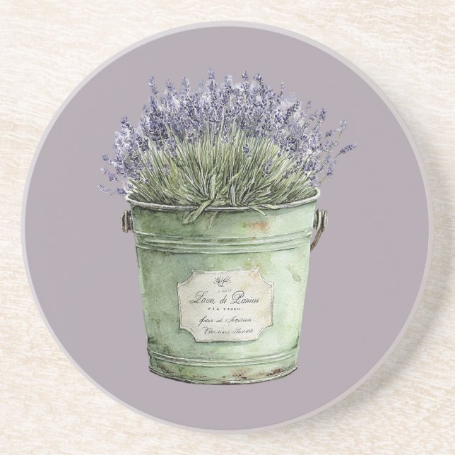 Dessous De Verre En Grès Seau vert blanc Fleurs de lavande (Devant)