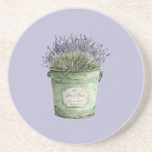 Dessous De Verre En Grès Seau Vert Fleurs de Lavande (Devant)