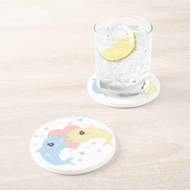 Dessous De Verre En Grès Sharks Love Heart Drôle Cartoon Pastel (Côté)
