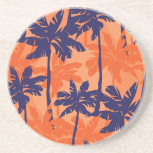 Dessous De Verre En Grès Silhouette de palmier bleu, arrière - plan orange