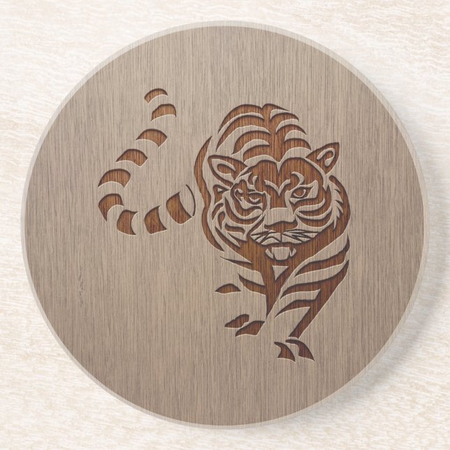 Dessous De Verre En Grès Silhouette de tigre gravée sur la conception en (Devant)