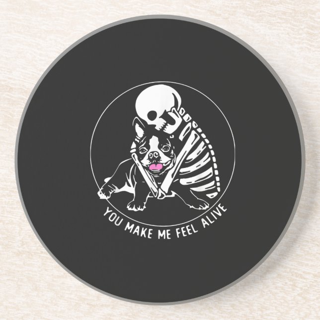 DESSOUS DE VERRE EN GRÈS SKELETON HUG BOSTON TERRIER VOUS ME FAITES SENTIR  (Devant)