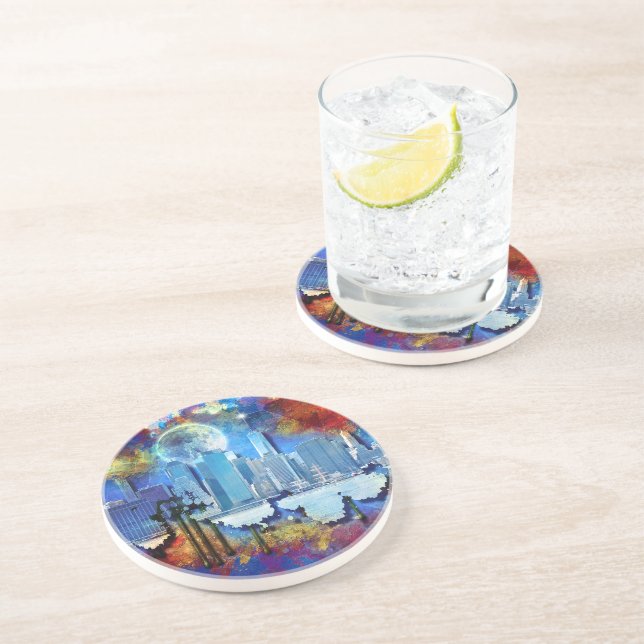 Dessous De Verre En Grès SlipperyJoe NYC graffiti lune entourée tourbillonn (Côté)