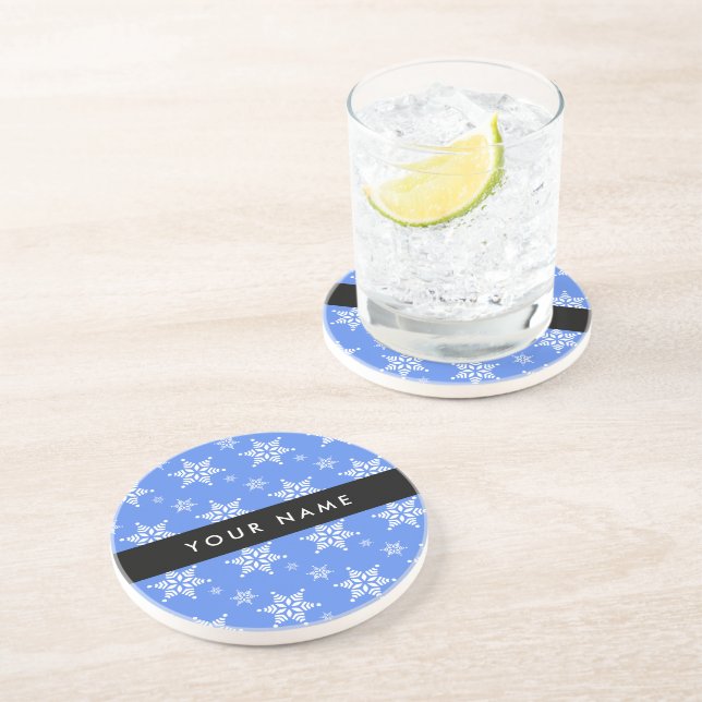 Dessous De Verre En Grès Snowflakes blanc, Bleu, Votre nom, Personnaliser (Côté)