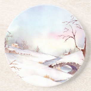 Dessous De Verre En Grès Snowy Bridge Watercolor Landscape