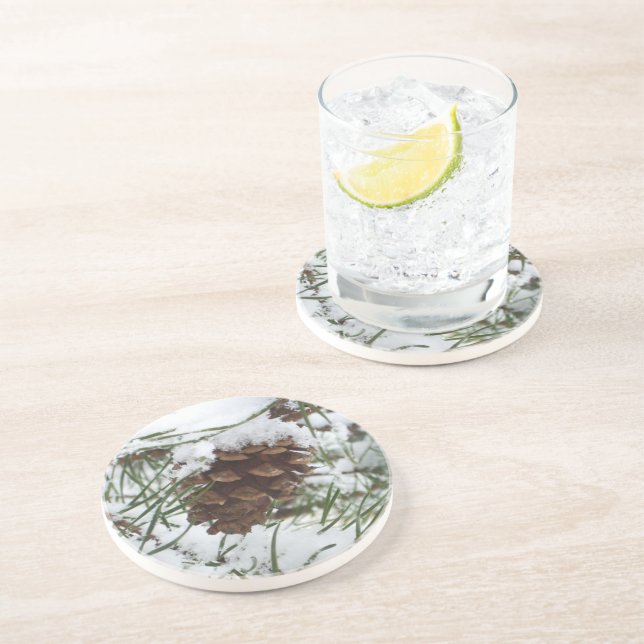 Dessous De Verre En Grès Snowy Pine Cone I (Côté)