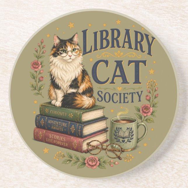 Dessous De Verre En Grès Société de la chatte de bibliothèque Calicot livre (Devant)